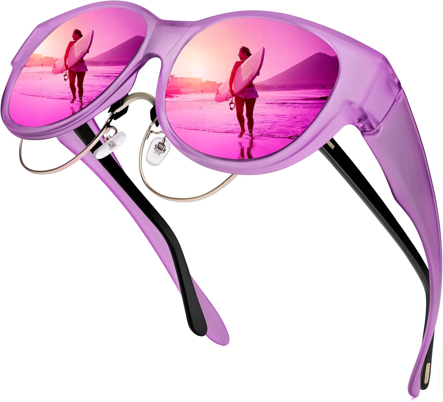 

Солнцезащитные очки URUMQI для женщин, надеваемые поверх обычных очков, поляризованные, с защитой UV400, круглые, «кошачий глаз», A08 Matte Purple Frame/Purple Mirrored Lens