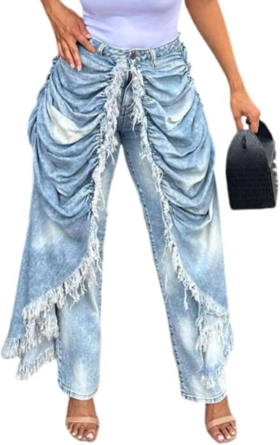 Generic Женские синие джинсы High Waist Vintage Patchwork прямые широкие брюки-бочонок с эффектом растяжки в стиле лошадиной подковы