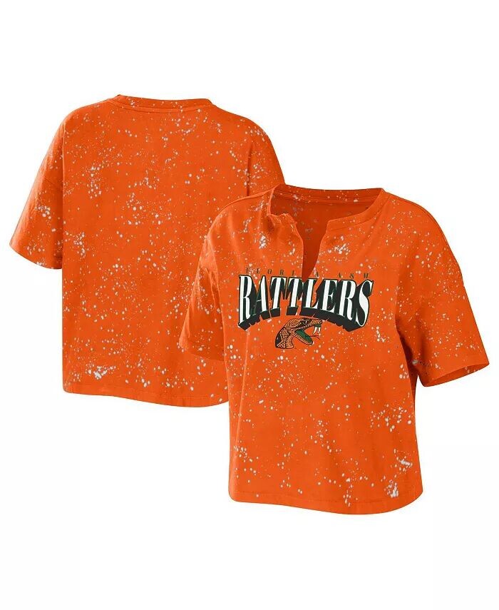 

Женская оранжевая укороченная футболка с вырезом и вырезом Florida A&M Rattlers Bleach Wash Splatter Wear By Erin Andrews