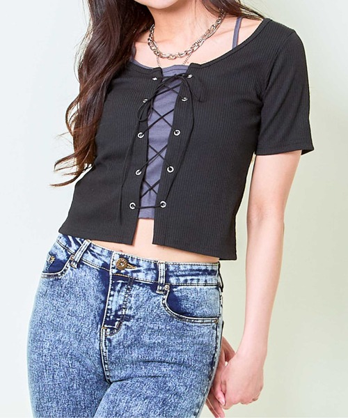 

Женский топ с короткими рукавами, шнуровкой, лентой спереди, укороченный GORGE, черный