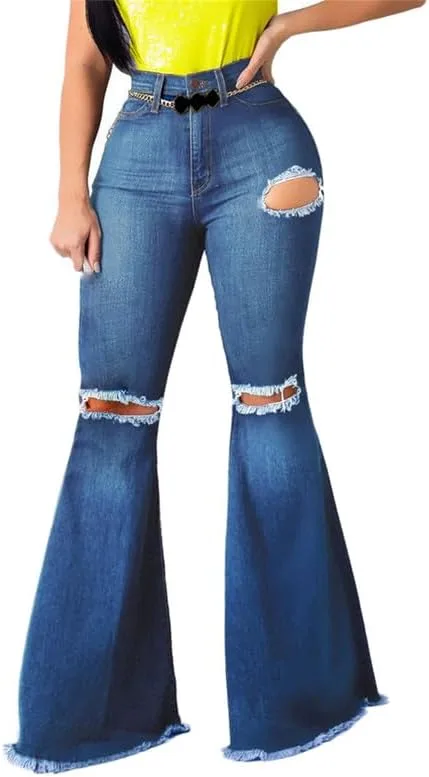 

Andongnywell женские джинсы с потертостями клеш mid waist bell bottom wide leg raw hem