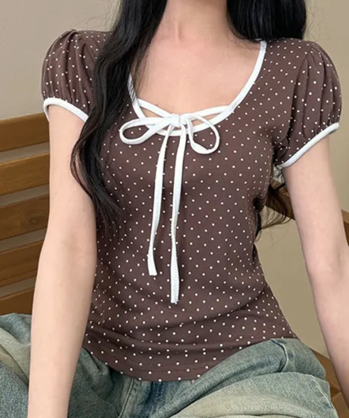 

Футболка с коротким рукавом и пышными рукавами в горошек VIVID LADY, коричневый