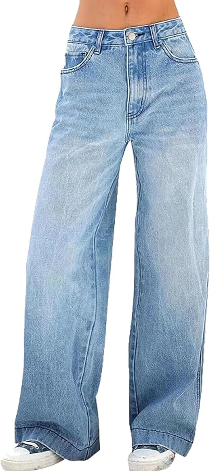 Женские джинсы loose wide leg, комфортные high waist straight — фото 3
