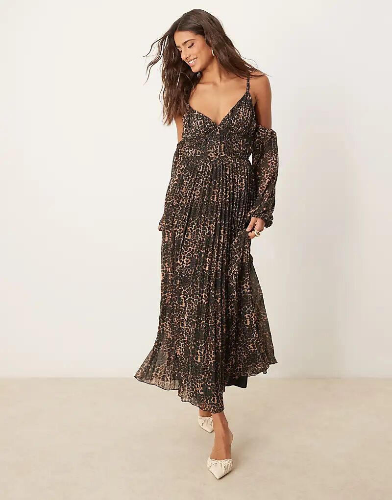 

Платье мидакси ASOS DESIGN с глубоким вырезом и открытыми плечами, плиссированное, с анималистичным принтом