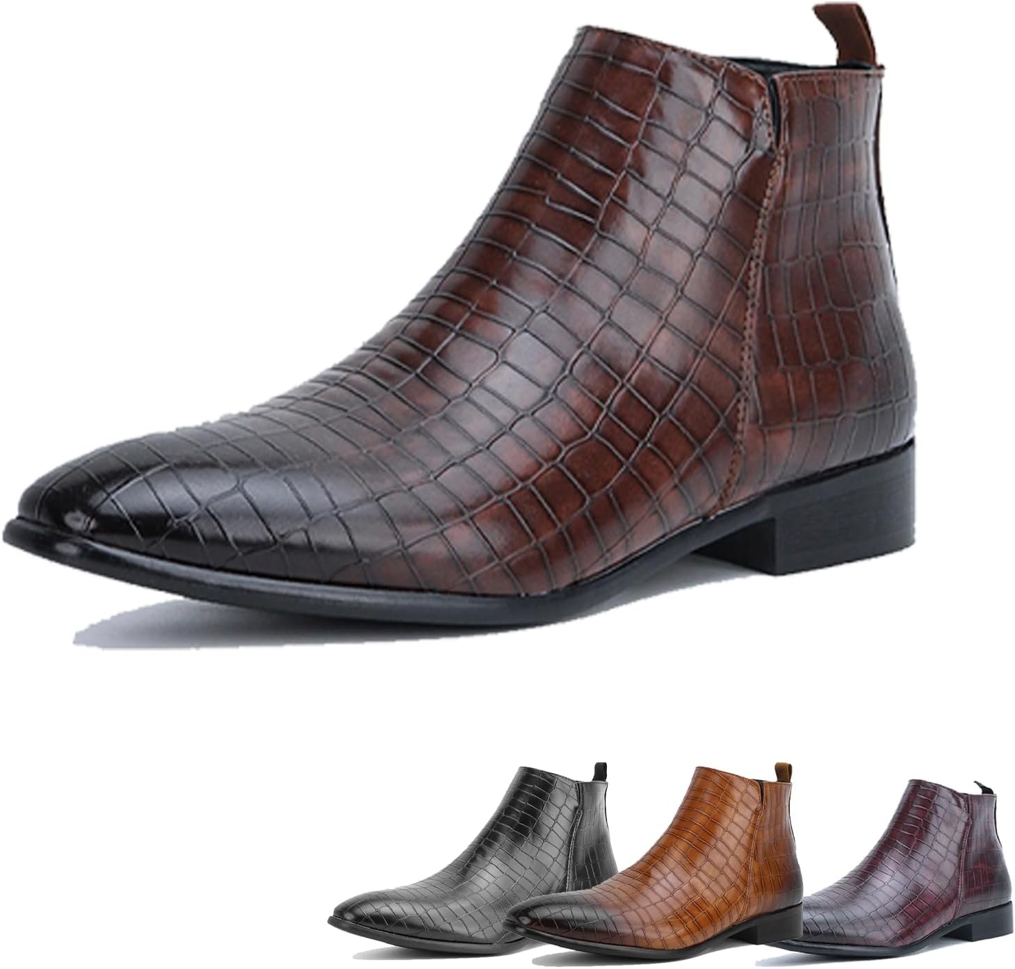 

Мужские кожаные ботинки Челси с тиснением под крокодила, заостренный носок, без шнуровки, ретро, низкий каблук, мягкая подошва, формальные ботинки Чукка до щиколотки для вечеринки, бизнеса, повседневной носки и работы Tznbgge, темно-коричневый