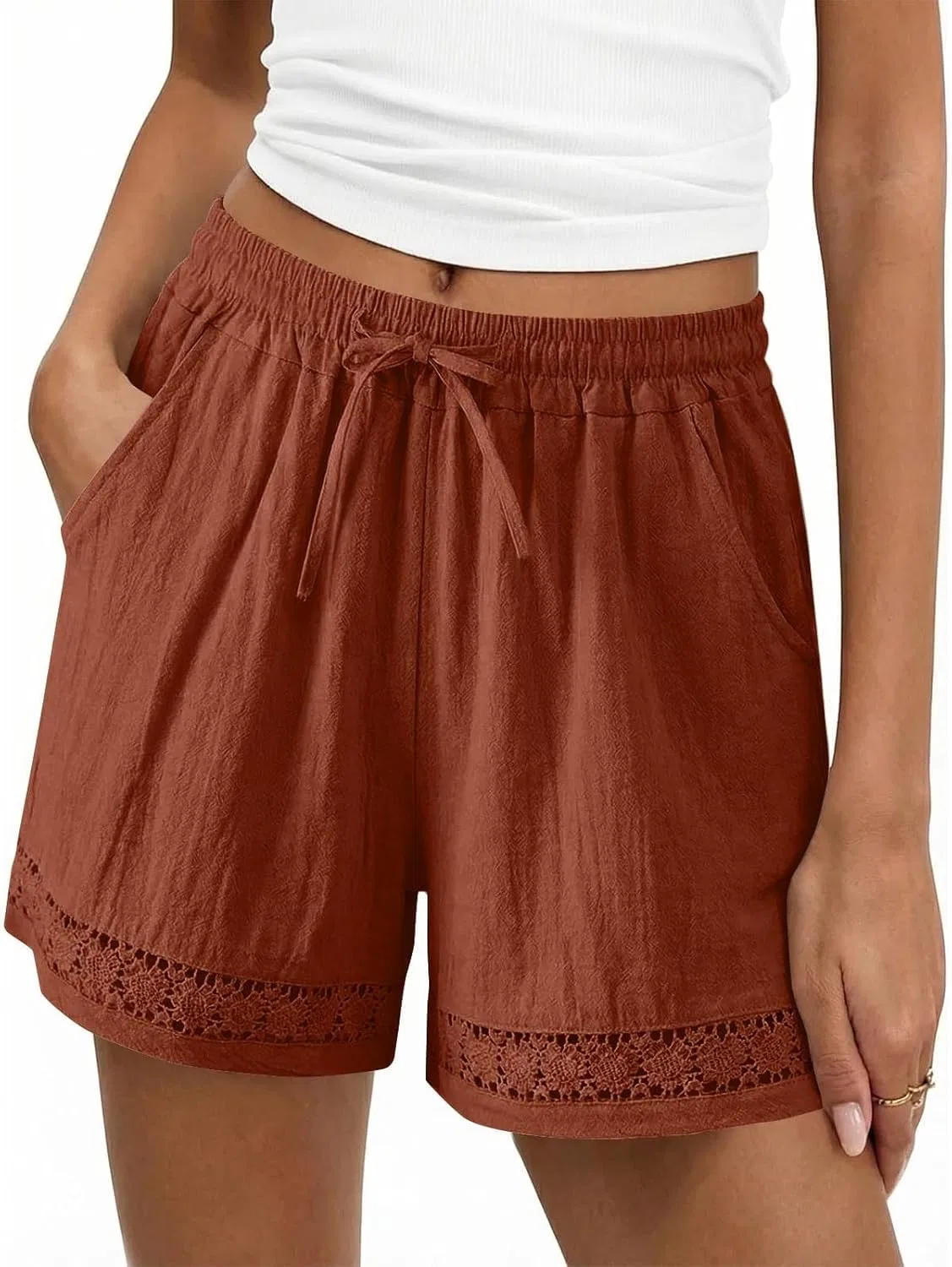 Шорты женские, с завышенной талией, Linen, коричневый