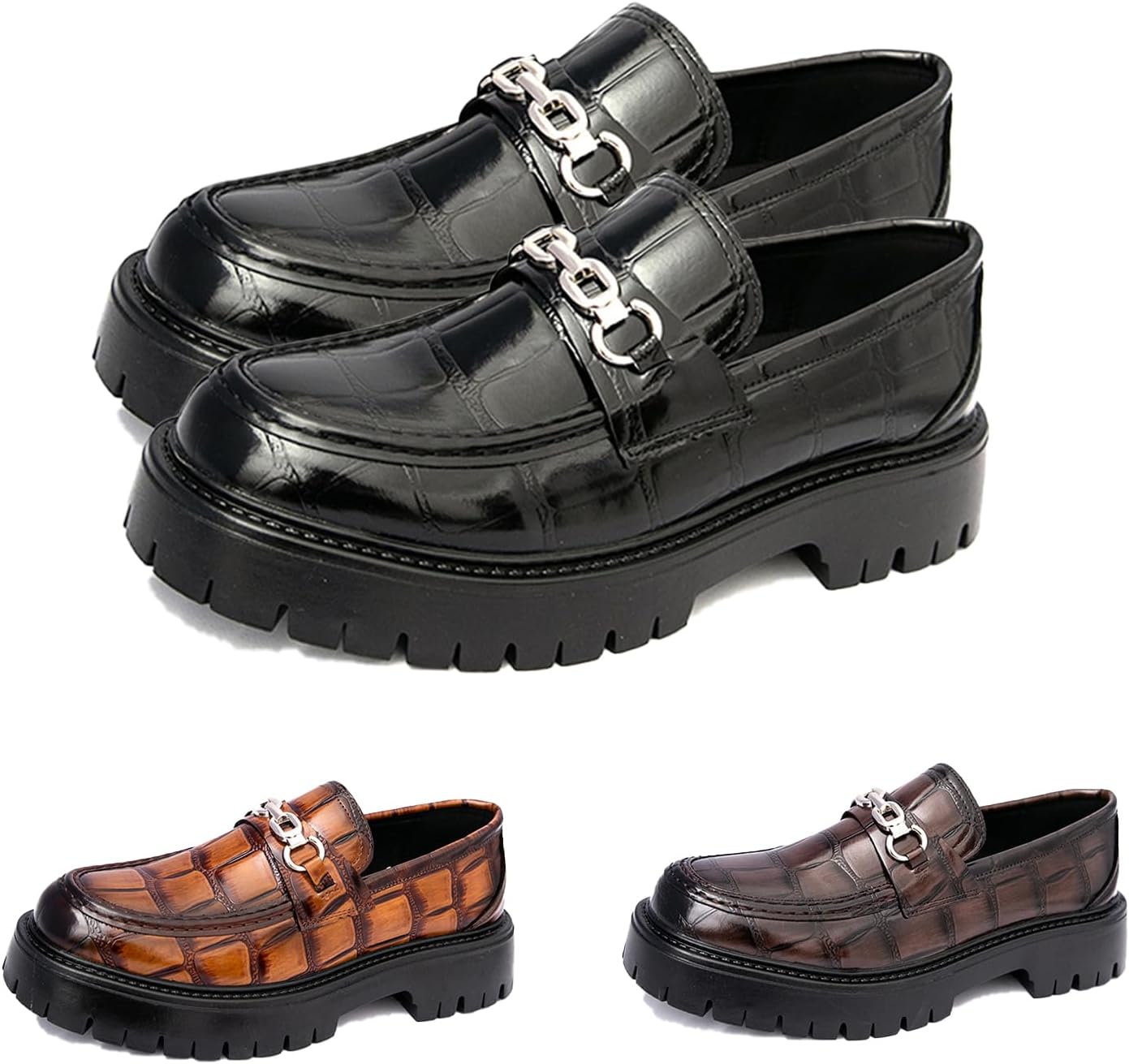 

Мужские лоферы с печатным узором из кожи с цепочкой, платформой и рифленой подошвой, винтажные с металлической отделкой, круглым носом, толстой подошвой, противоскользящие, формальные пенни-шуз и офисных вечеринок Generic, черный