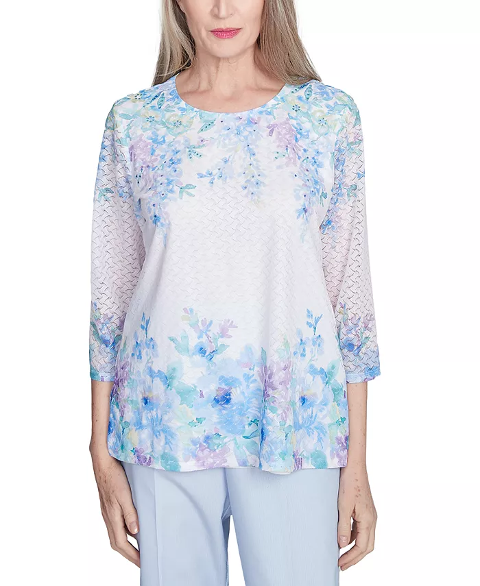 

Миниатюрный топ с цветочным принтом и рукавами 3/4 Alfred Dunner, синий