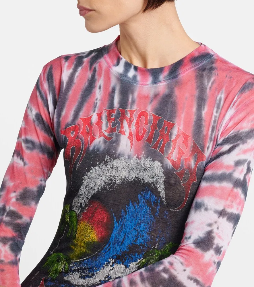 Длинное платье из хлопкового трикотажа с принтом в технике тай-дай Balenciaga, мультиколор — фото 3