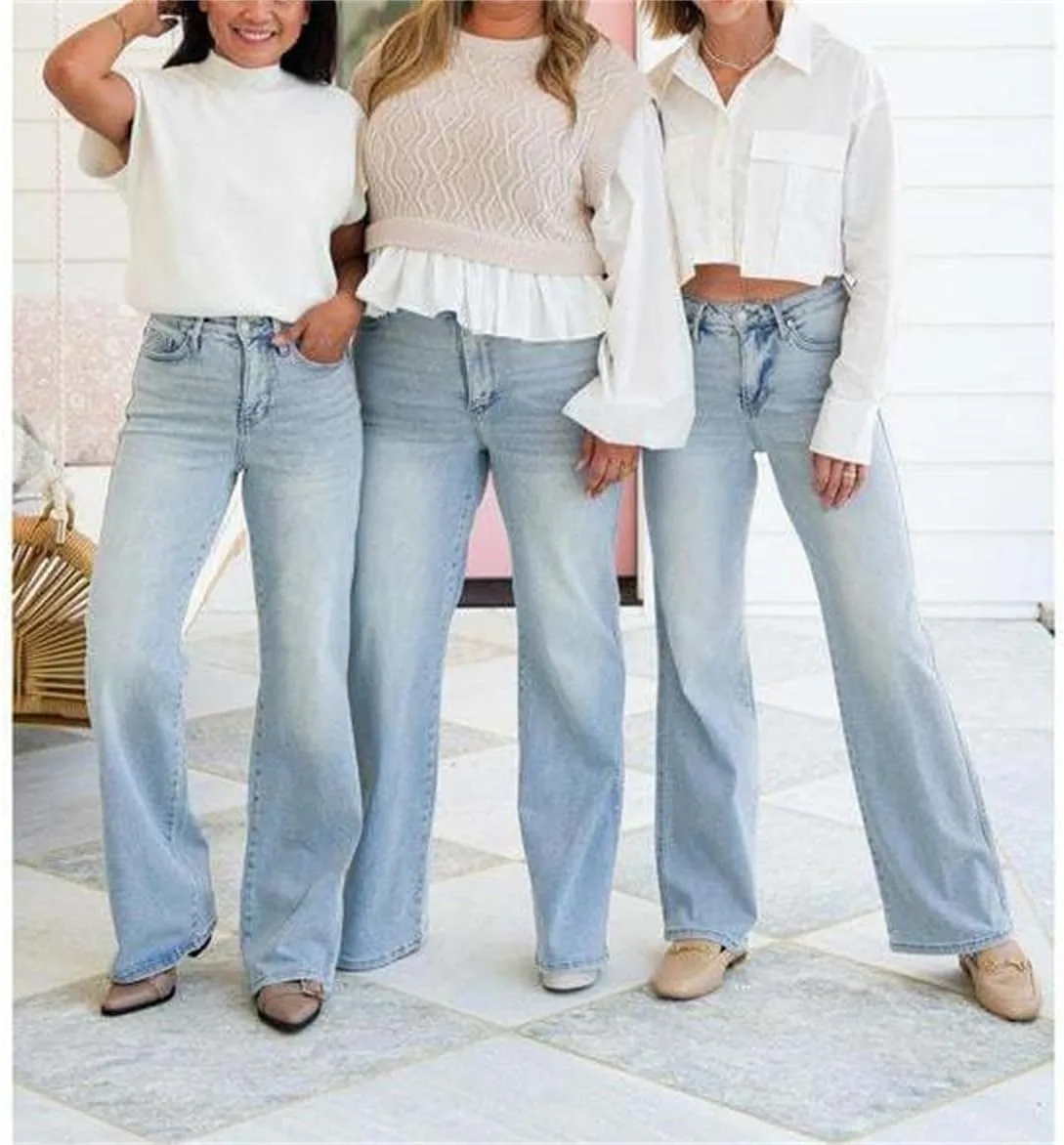 Джинсы женские Plus Size Casual High Waisted Vintage Wash Stretchy Tummy Straight Leg — фото 3