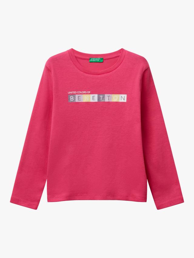 

Детская хлопковая футболка с длинным рукавом и блестящим логотипом Benetton, Pink