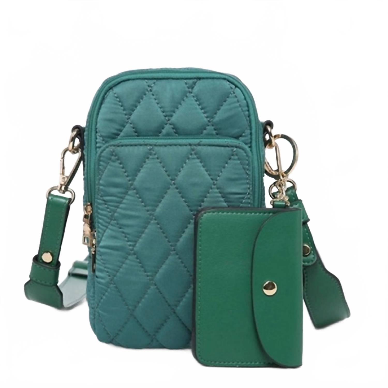 

Parker Quilted 3 Compartment Crossbody With Pouch In Green - Parker стеганая зеленая поясная сумка с тремя отделениями и мешочком Jen & Co.
