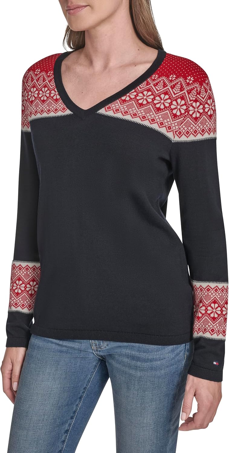 Женский свитер Tommy Hilfiger Fairisle с длинными рукавами и V-образным вырезом, Sky Captain Fairisle — фото 3