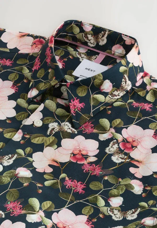 Рубашка Next, Regular fit kew garden print short sleeve shirt, темно-синий с розовым цветочным — фото 3