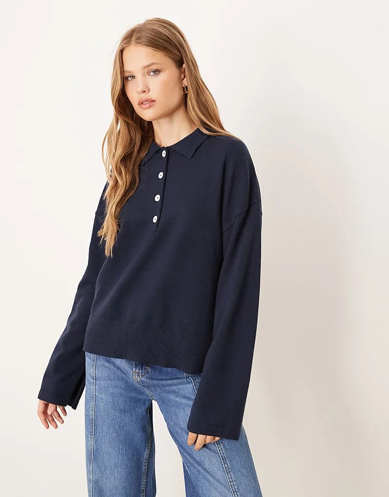 

Вязаный свитер Gina Tricot с длинными рукавами и воротником темно-синего цвета