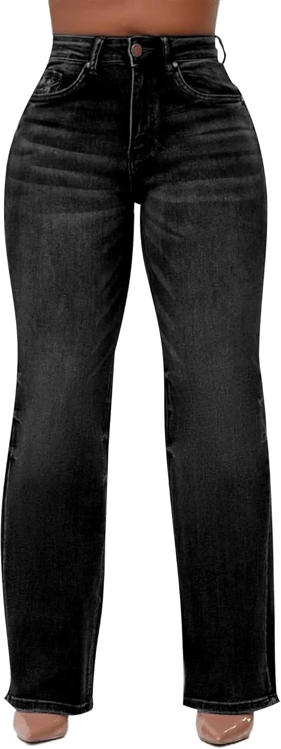 

HugeNice женские джинсы широкие casual mid rise stretchy straight leg