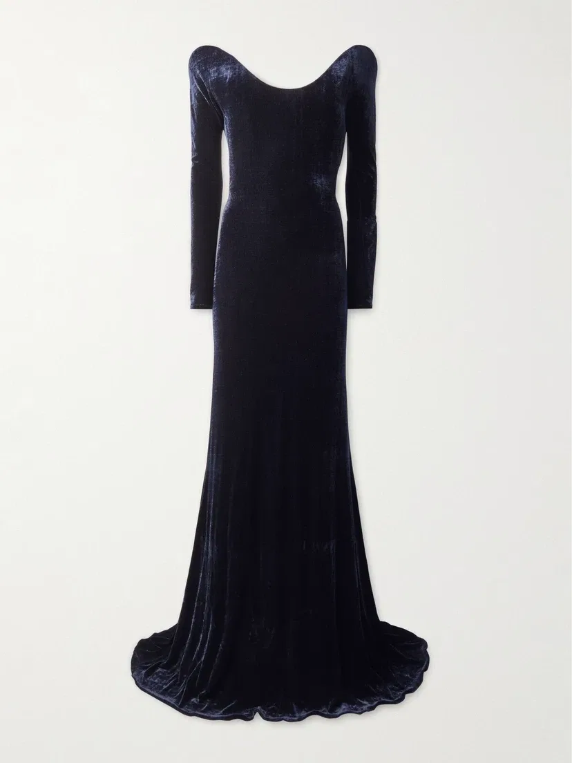 Бархатное платье с открытыми плечами Alaïa, синий