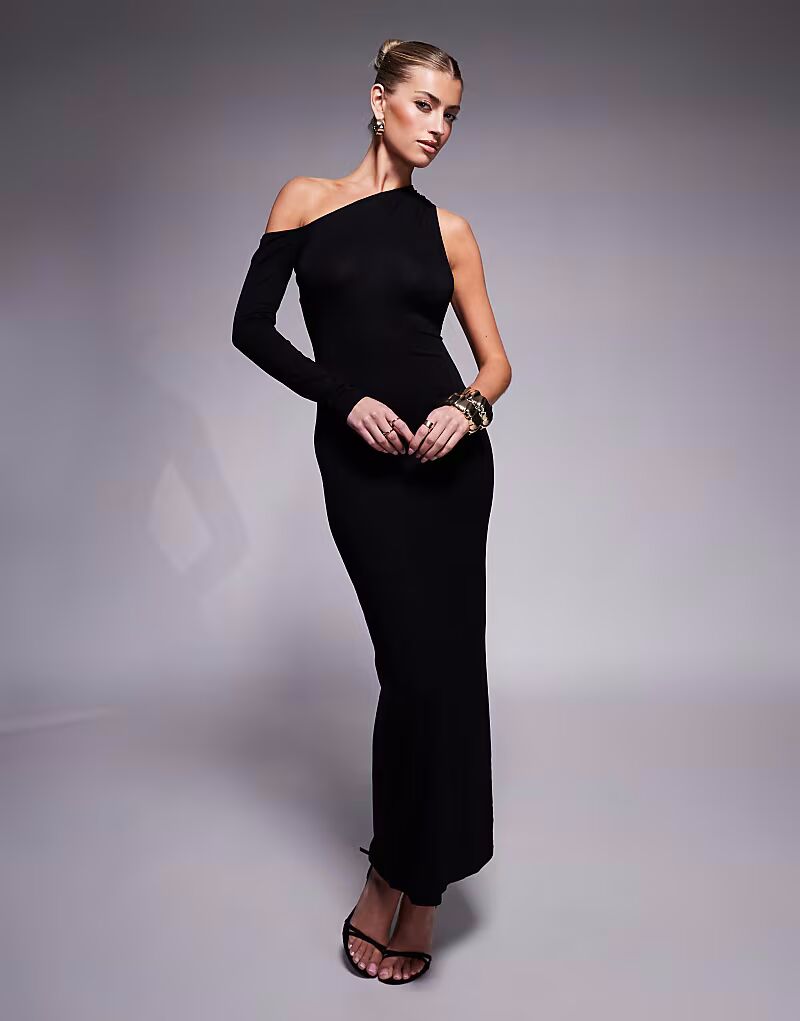 

Платье миди ASOS DESIGN с длинными рукавами, асимметричной драпировкой по бокам и отделкой сзади, черное