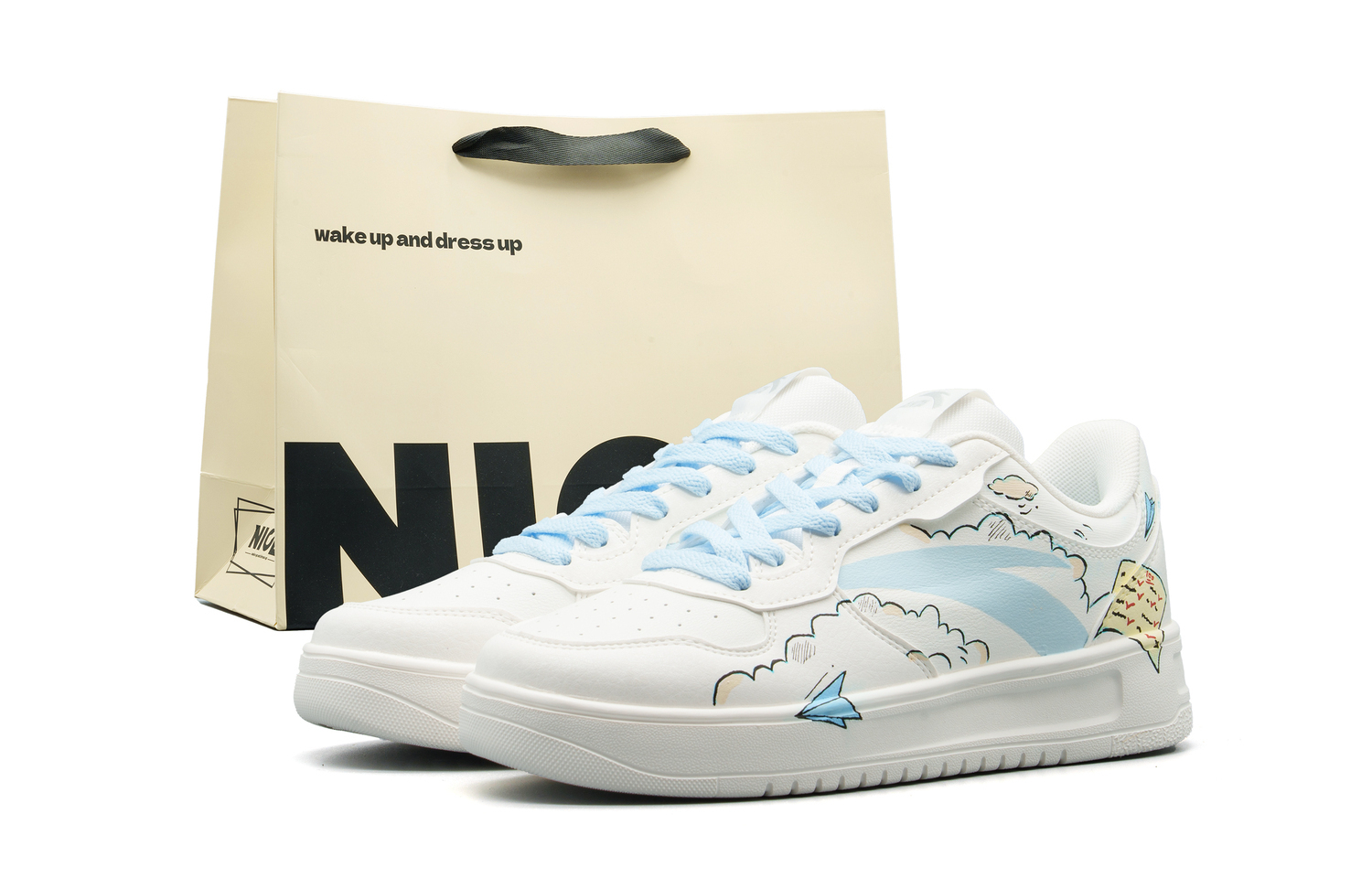 

ANTA Легкие кроссовки для скейтбординга Unisex из синтетической кожи и текстиля с амортизирующей подкладкой, противоскользящей подошвой и низким верхом, цвет White Blue, в Shopping Bag