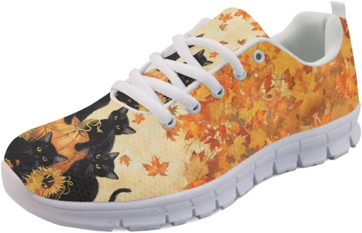 

Женские слипоны кроссовки для ходьбы, тенниса и бега, весенне-летние кроссовки с цветочным принтом, легкие для спортзала, путешествий и работы Getelinseng, Thanksgiving Cat Pumpkin Maples Leaves