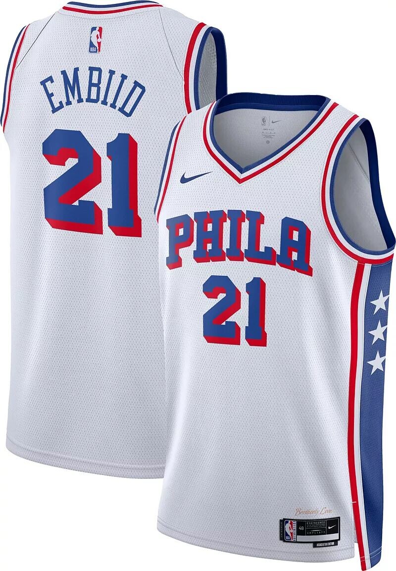 

Мужская майка Nike Philadelphia 76ers Джоэл Эмбиид № 21 Association Swingman