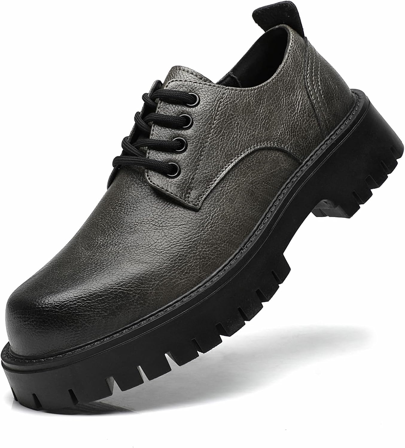 

Мужские кожаные туфли-оксфорды на платформе с массивным каблуком, классическим округлым носком, шнуровкой, рифленой подошвой, мягкой стелькой, для работы и деловых мероприятий, противоскользящие, с эффектом увеличения роста, дерби Qooel, серый