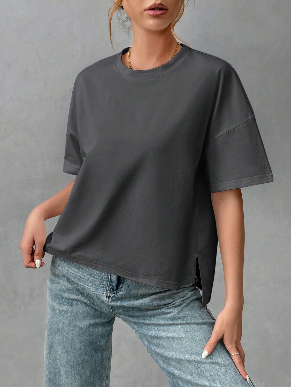 

SHEIN Essnce Женская базовая футболка с коротким передом и длинной спиной, летняя, темно-серый