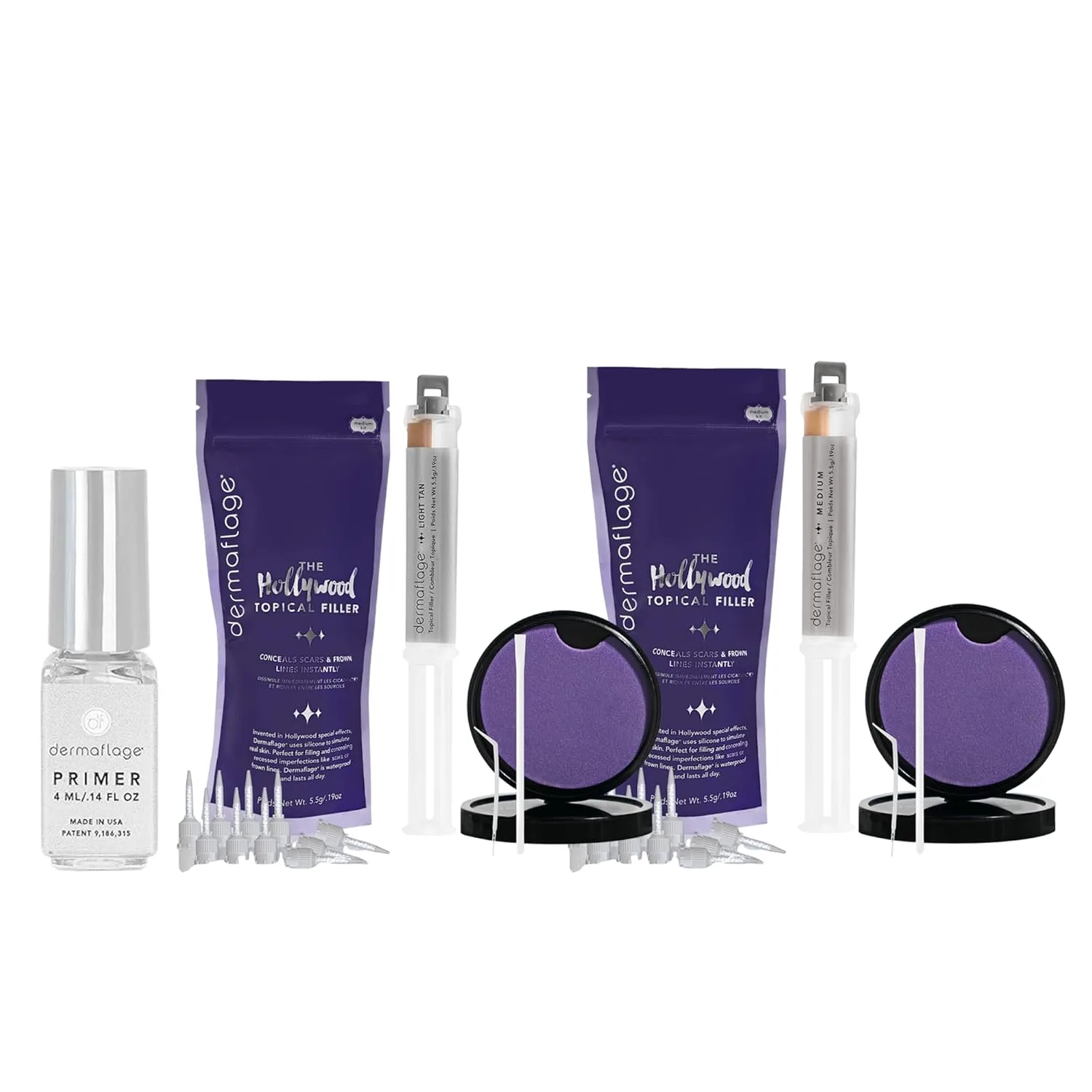 Dermaflage Scar Covering Essentials - набор Light Tan и Medium для заполнения шрамов + праймер для длительного ношения, водонепроницаемый силиконовый консилер