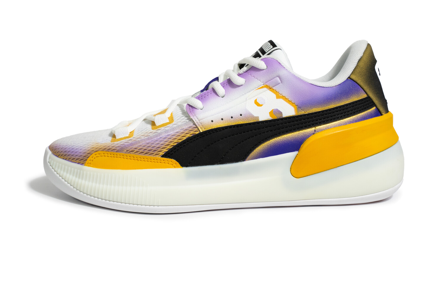 

Баскетбольные кроссовки Clyde Hardwood мужские с низким верхом белые/фиолетовые/желтые Puma
