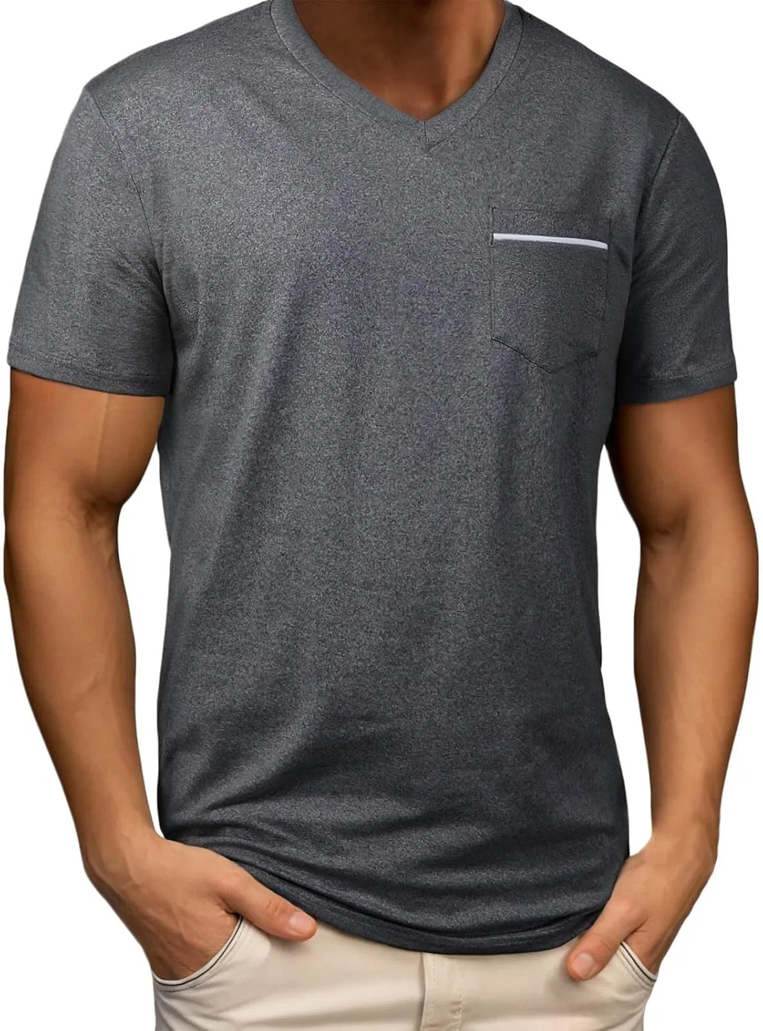 Футболка с V-образным вырезом и карманом, Casual, Dark Gray