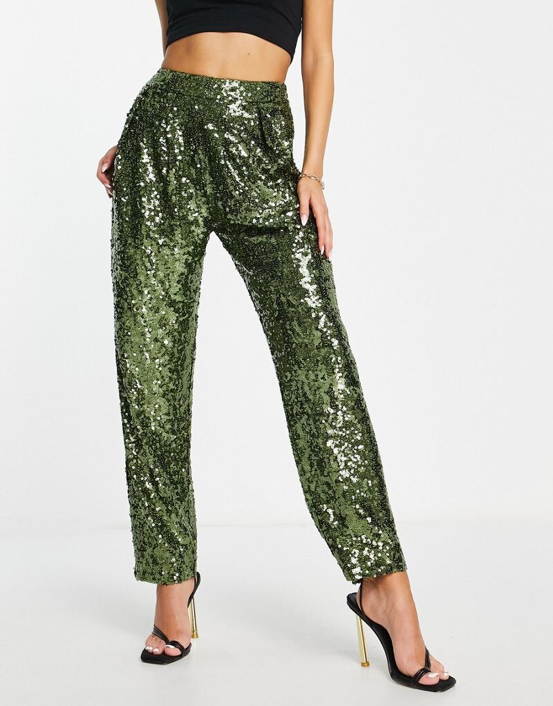 

Брюки цвета хаки с напуском и пайетками ASOS DESIGN