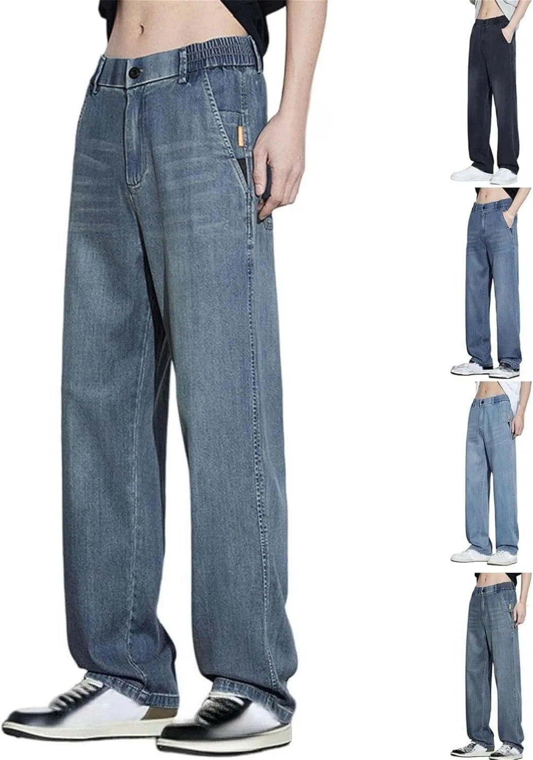 Джинсы широкие прямые Men's Summer Ice Silk Elastic Waist Wide Leg Jeans, Vintage Blue
