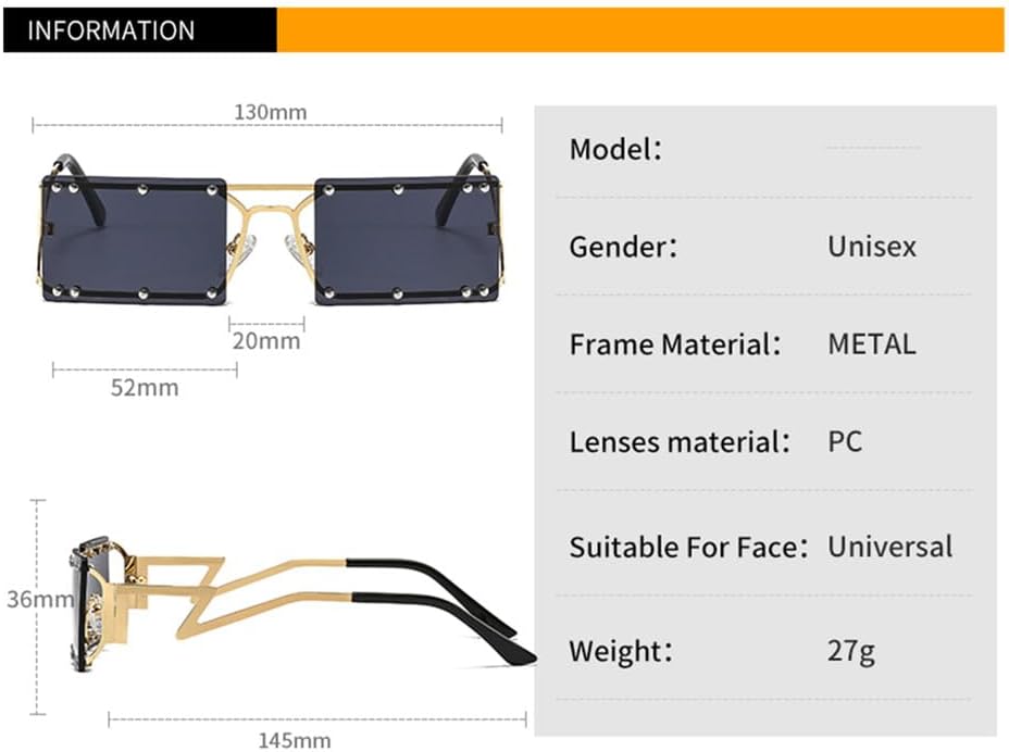 

Солнцезащитные очки прямоугольной формы для женщин и мужчин, с декоративными заклепками, металлическая оправа, поликарбонатные линзы, защита от УФ-излучения UV400 HDUBFY, C3
