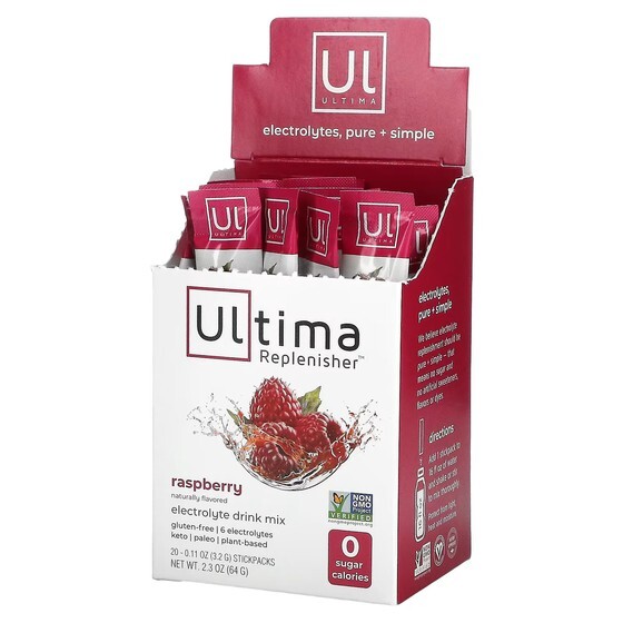 

Смесь электролитов для напитков Ultima Replenisher, малина, 20 пакетиков по 3,2 г