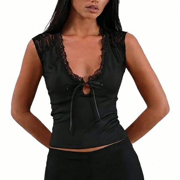 

Женская повседневная блузка-топ с кружевом, без рукавов, V-образным вырезом и завязкой спереди Yesfashion, Black