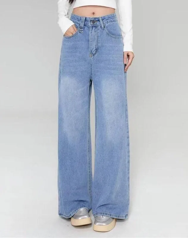 Джинсы прямые широкие, Women's Summer Baggy Jeans Vintage American Style Straight Wide-Leg Denim Pants Casual Full-Length Trousers, Light Blue — фото 2