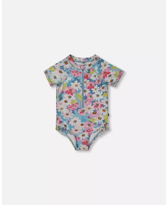 

Детский купальник с короткими рукавами и принтом девочки, с рюшами и белыми, розовыми и зелеными цветами - для малышей и детей Deux Par Deux