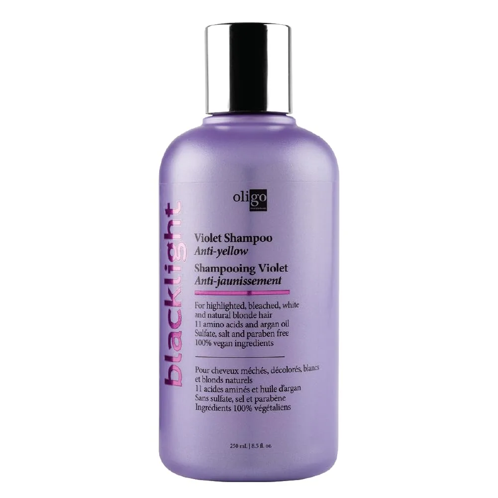 Oligo Professionnel - Blacklight Violet Shampoo - сульфат-фиолетовый шампунь для блонда - веганский - нейтрализует желтизну - освежает выгоревшие пряди - с аргановым маслом - увлажняющая формула - 250 мл, white