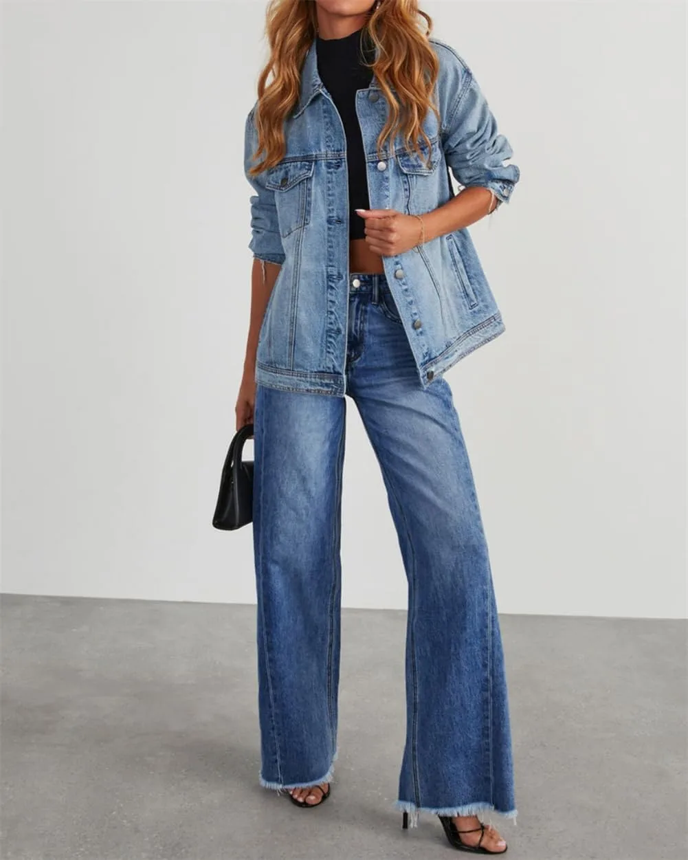 Женские джинсы Wide Leg, Casual High Waisted Plus Size Vintage Wash Stretchy с эффектом контроля живота — фото 3