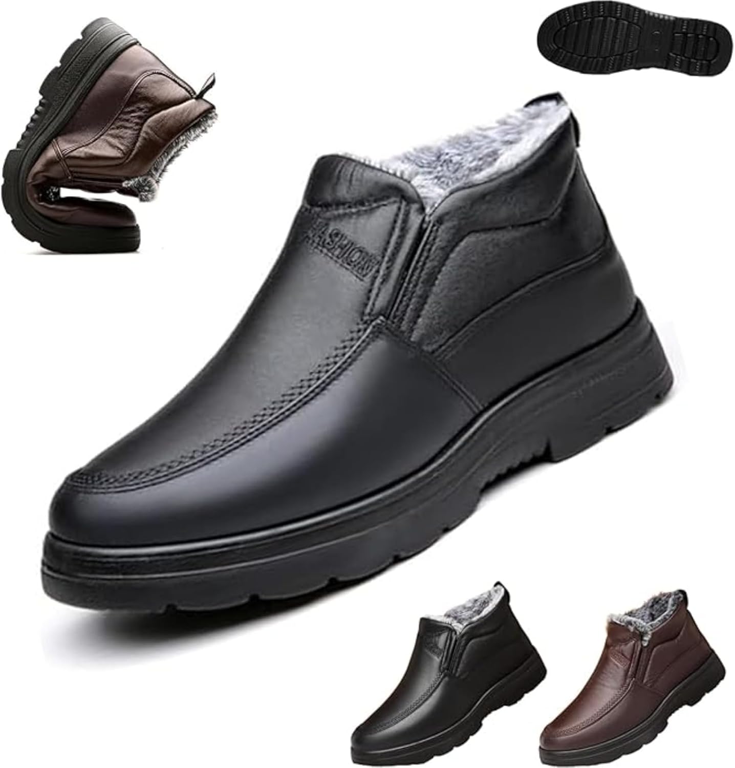 

Мужские кожаные зимние сапоги с теплой меховой подкладкой, удобные слипоны для снега, водонепроницаемые, легкие повседневные лоферы для прогулок с противоскользящей подошвой, для среднего возраста и пожилых Ghtrhsb, черный
