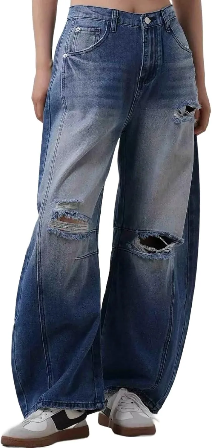 Женские рваные джинсы Barrel Leg с потертостями, мешковатые, широкие, укороченные