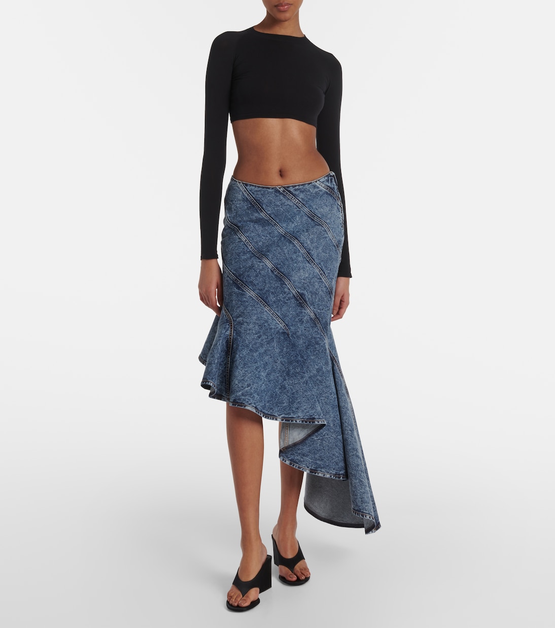 Юбка миди из денима спиральной асимметричной формы Alaïa, Bleu Neige — фото 2