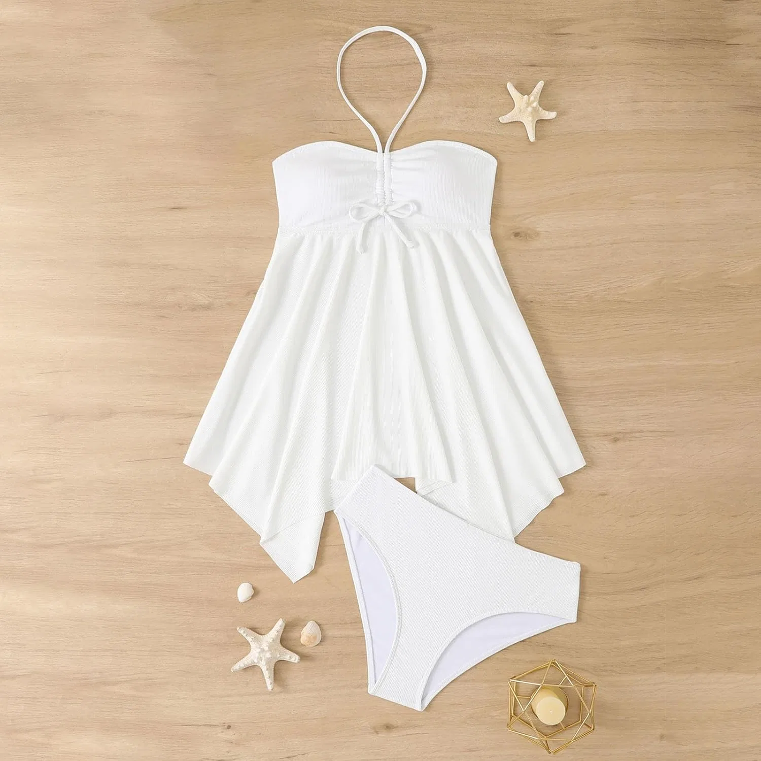 Двухсекционный купальник-бикини для женщин, однотонный купальник-танкини с рюшами, купальник с раздельными чашечками — фото 3