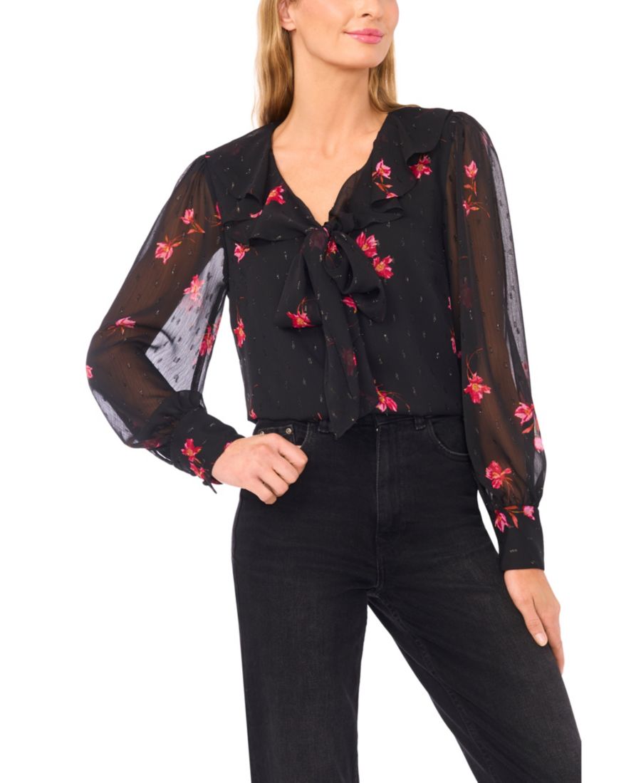 

Женская блузка с V-образным вырезом и оборками на завязках CeCe, Rich Black