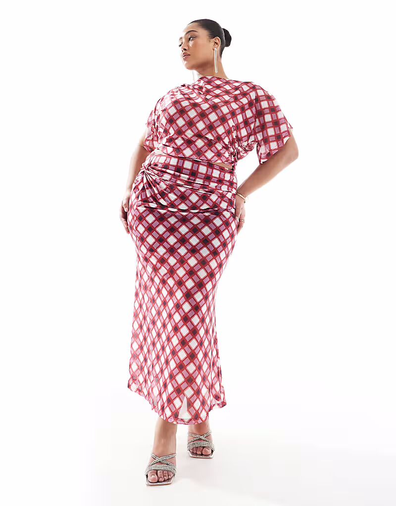 

Эксклюзивная сетчатая макси-юбка Plus с рюшами и перекрученными деталями в красную клетку Renee Studio