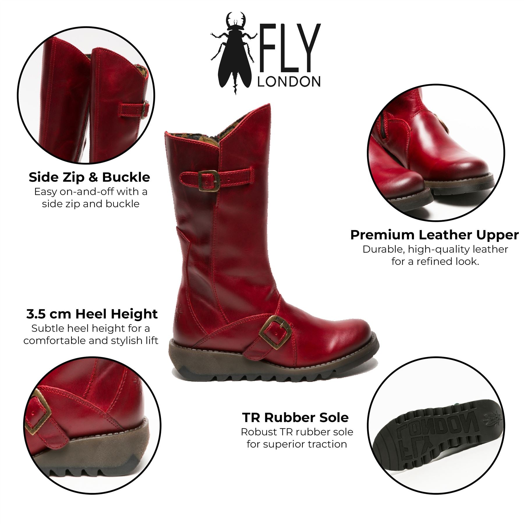 Женские кожаные ботинки Fly London MES 2 на платформе с клиновидным каблуком и пряжкой, до середины икры, на молнии, красные — фото 2