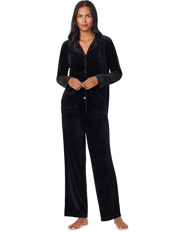 

Пижама Lauren Ralph Lauren Long Sleeve Velvet Notch Collar Long Pajama Set, черный