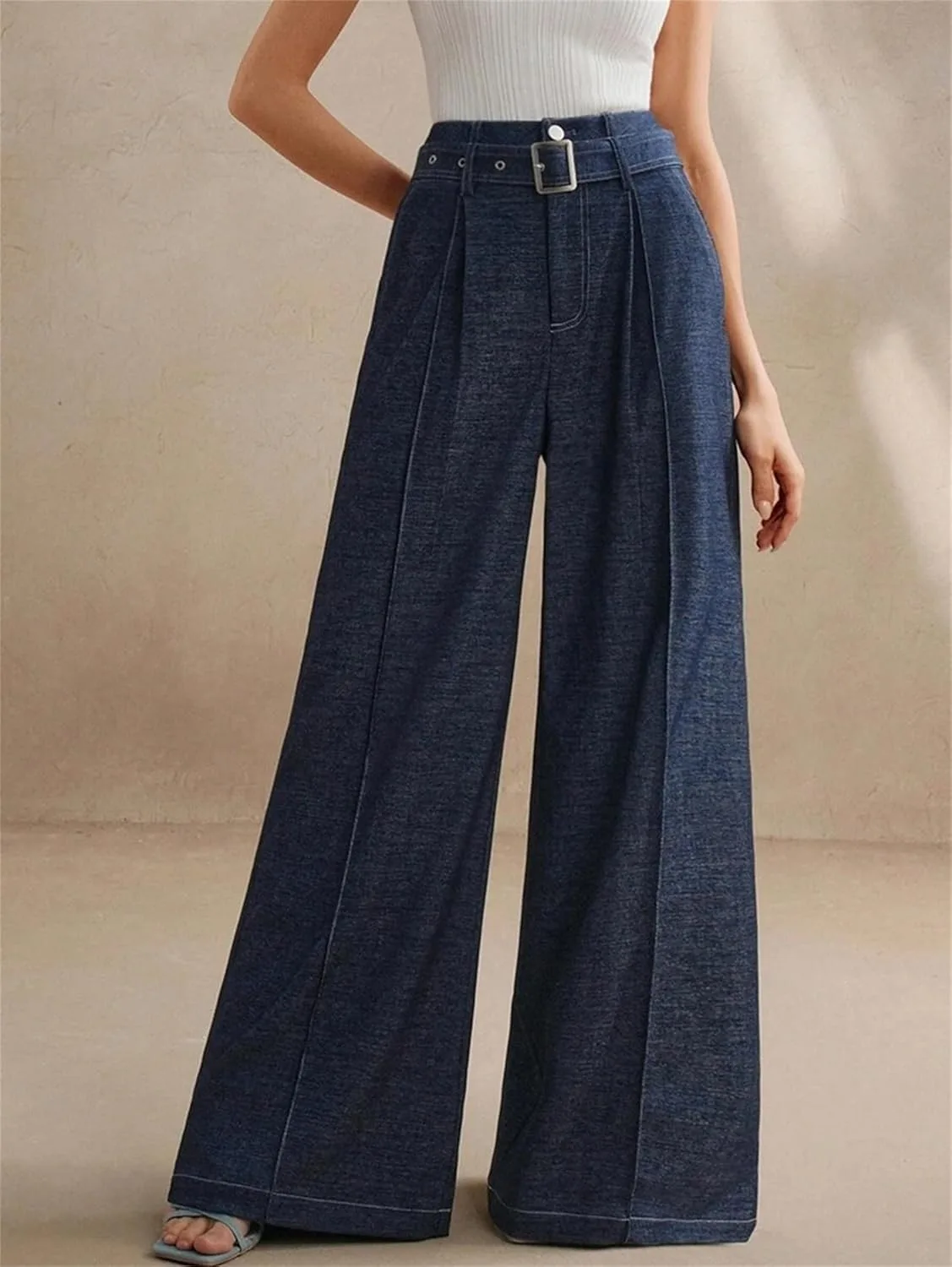 Брюки-джинсы Baggy для женщин, High-Waisted Wide Leg с поясом и карманами — фото 2