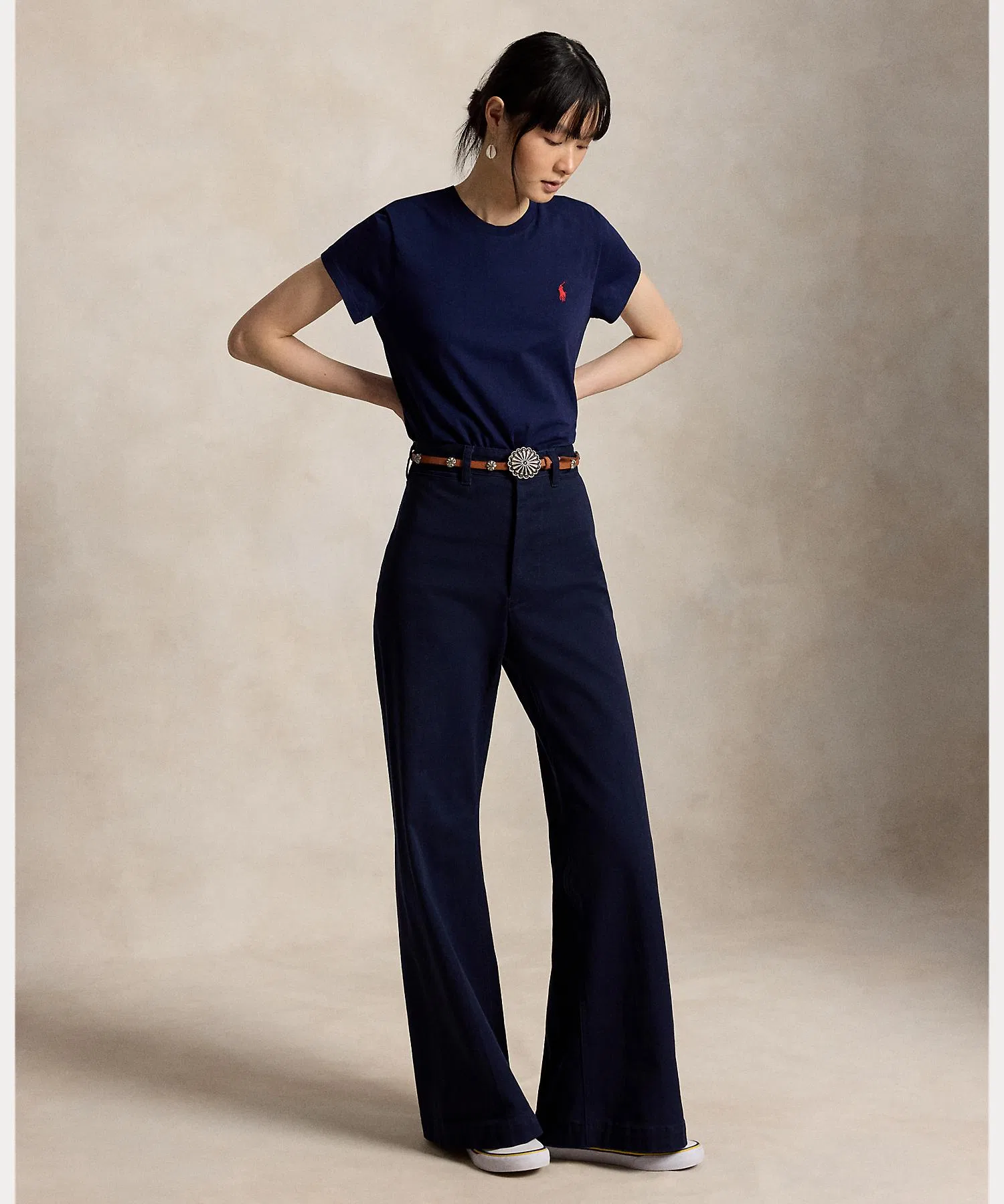 Женская футболка Polo Ralph Lauren из хлопка, классический крой, тёмно-синяя — фото 3