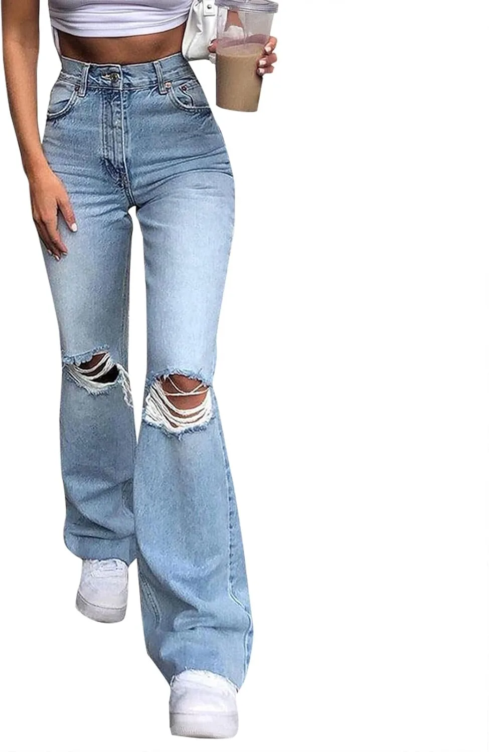 

Женские джинсы-клеш с высокой талией и потертостями